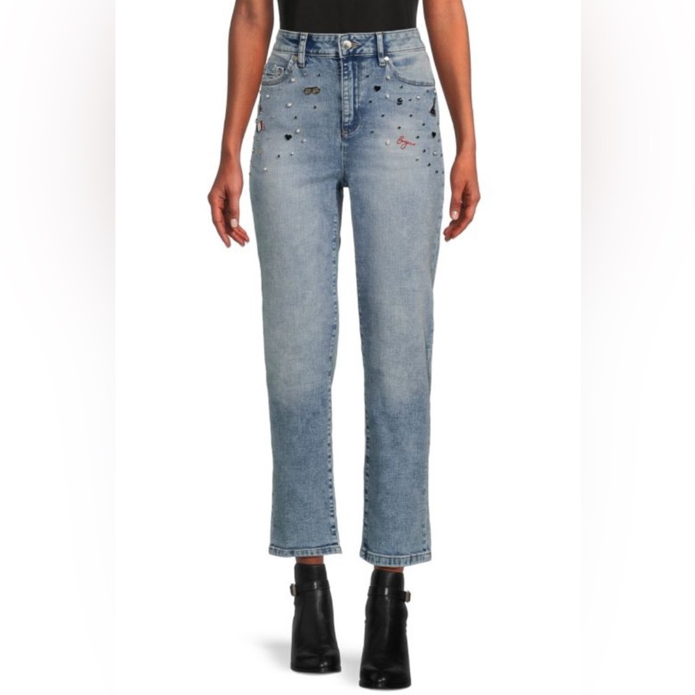 Karl Lagerfeld Ice Blue K Pin Straight Leg Embellished Jeans